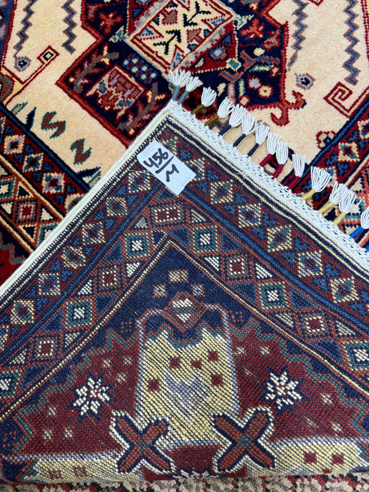 Afghan Shirvan — Ivory Field with Stepped Diamond Medallions