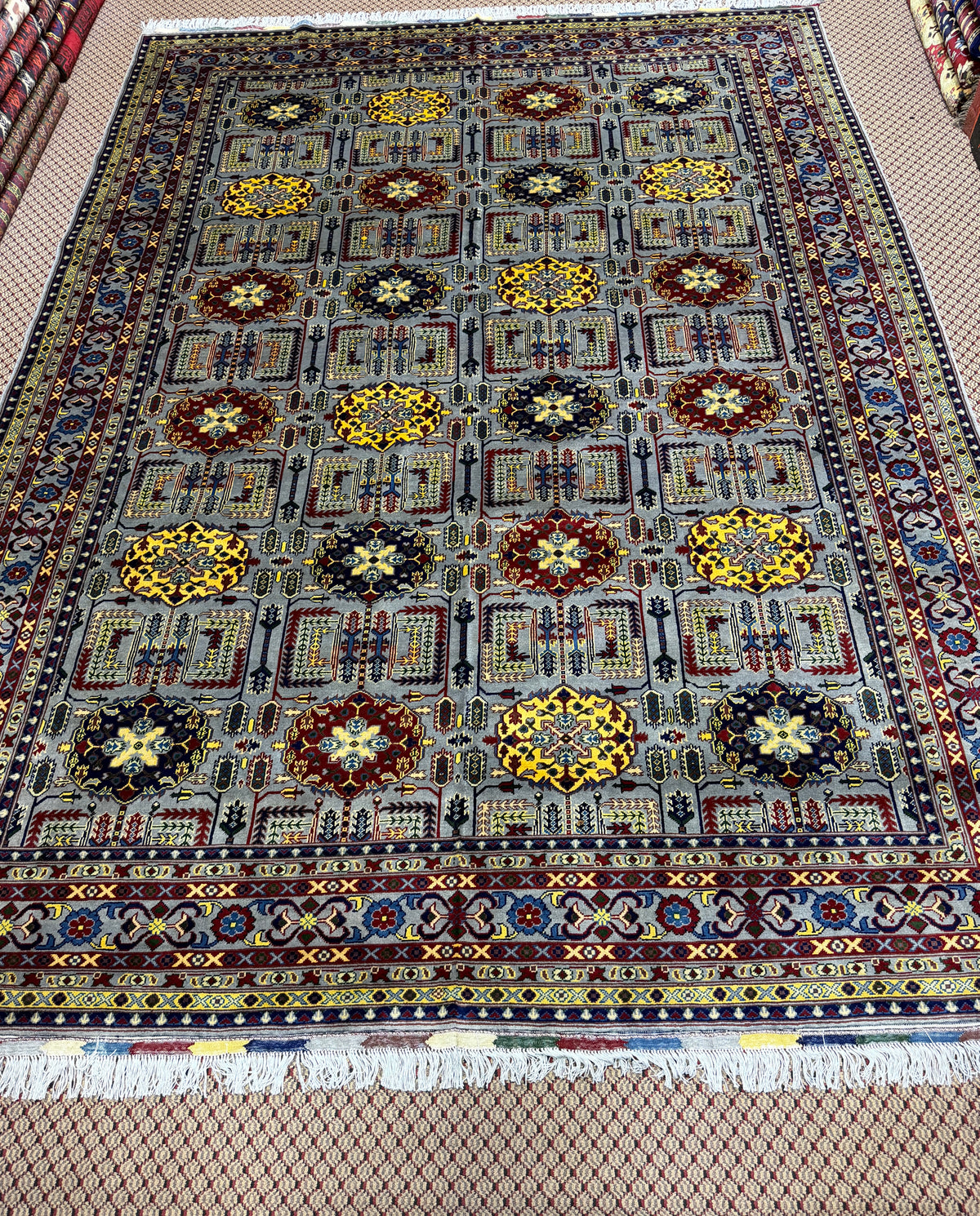 Afghan Mauri — Grey Field with Yellow, Burgundy & Navy Guls