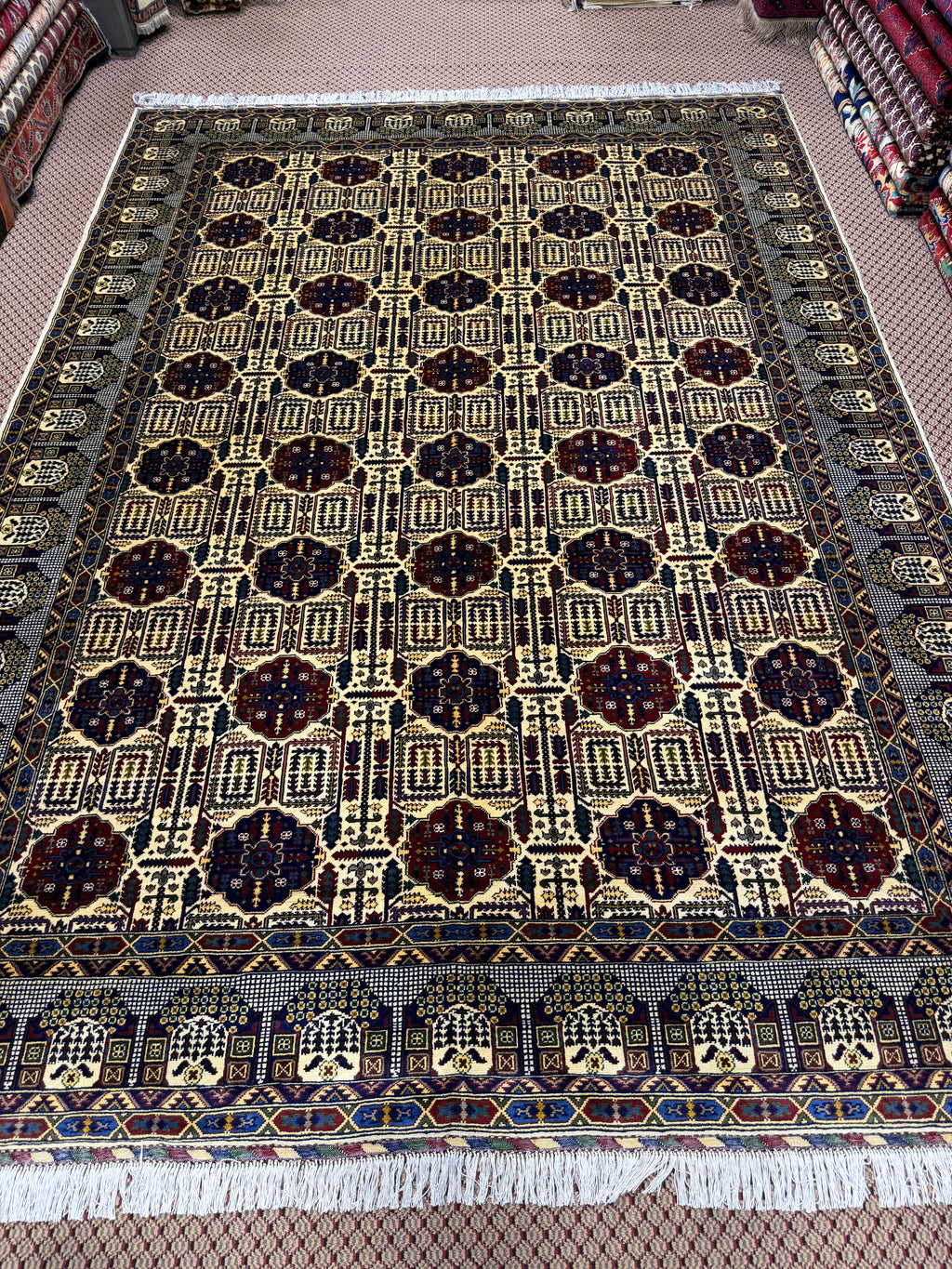 Afghan Mauri — Cream Field with Burgundy & Navy Guls