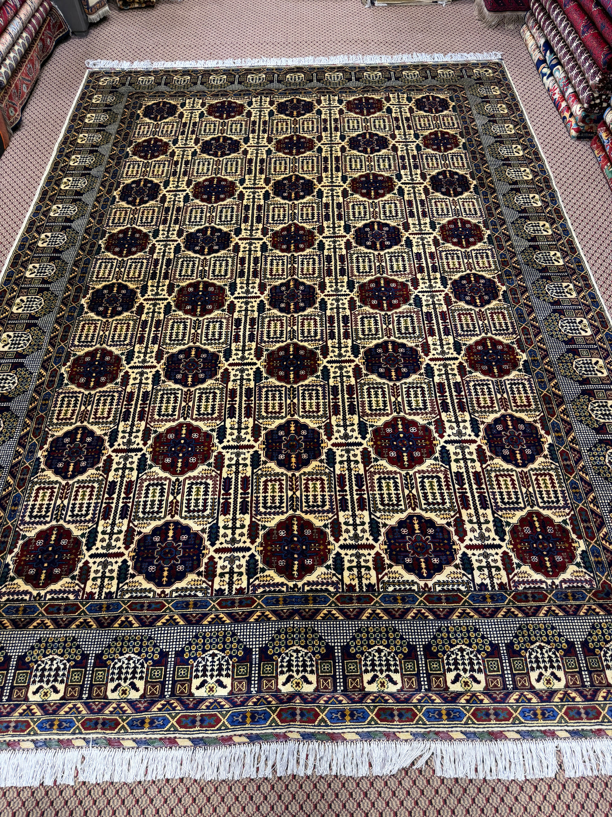 Afghan Mauri — Cream Field with Burgundy & Navy Guls