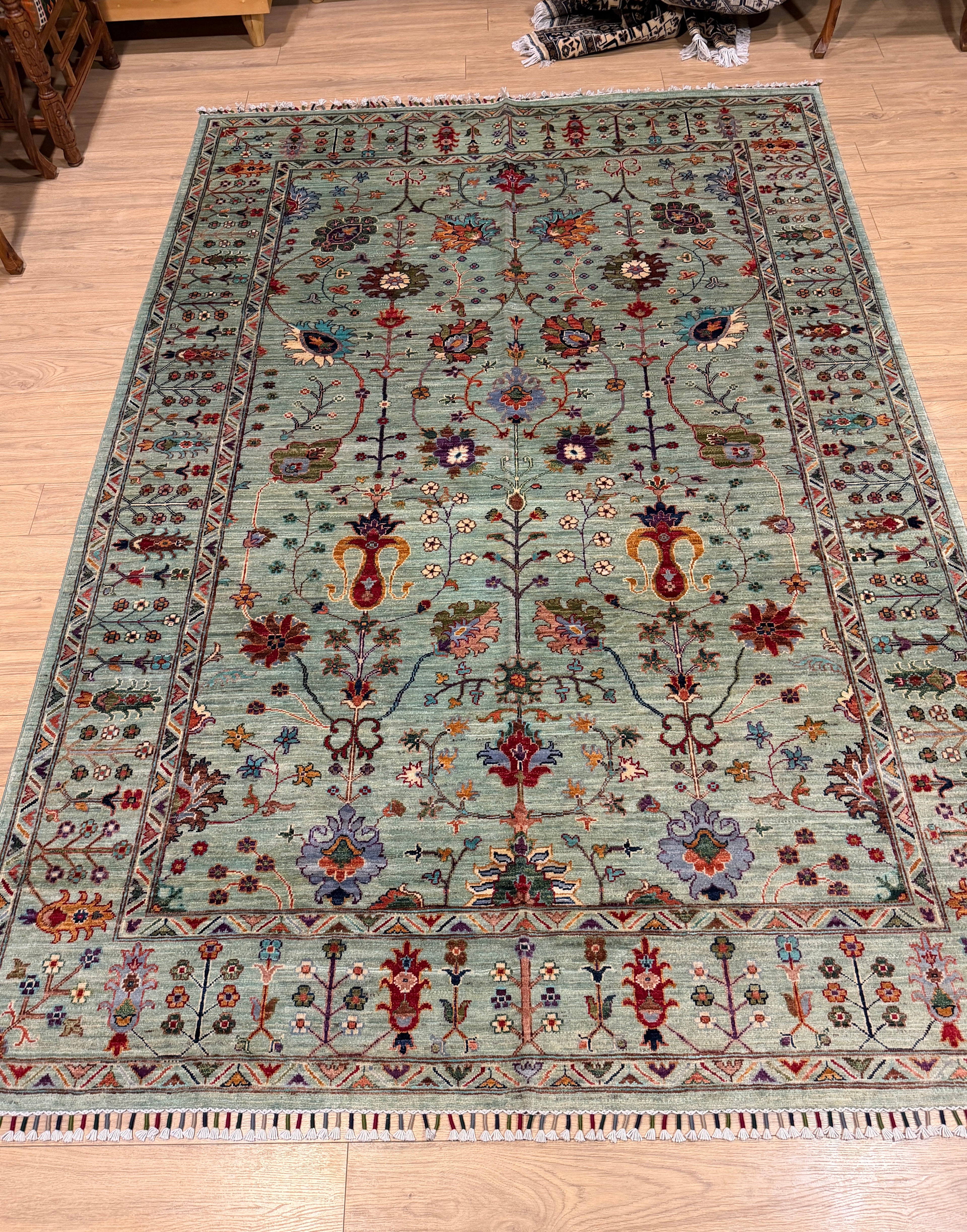 Sultanabad – Sage Green & Blue Palmette Trellis