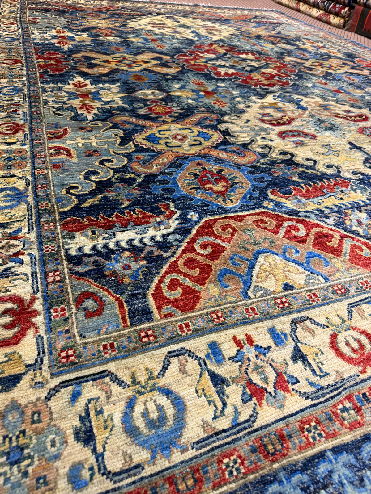 Afghan Shirvan — Indigo Field with Ivory Palmette Medallions