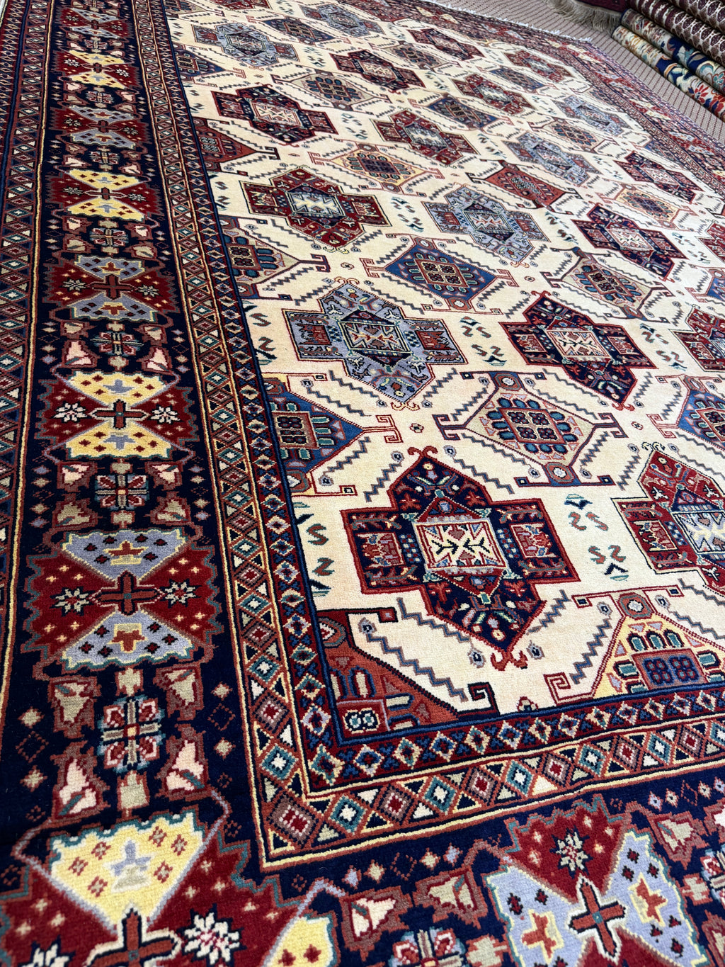 Afghan Shirvan — Ivory Field with Stepped Diamond Medallions