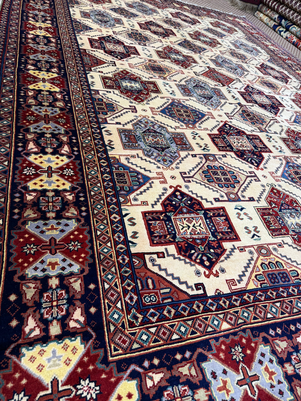 Afghan Shirvan — Ivory Field with Stepped Diamond Medallions