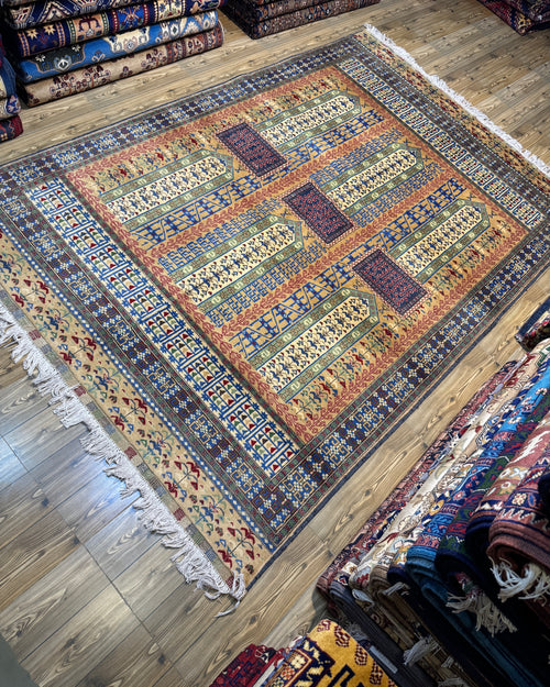 Afghan Turkoman – Gold Six-Mihrab "Saf" Prayer Design