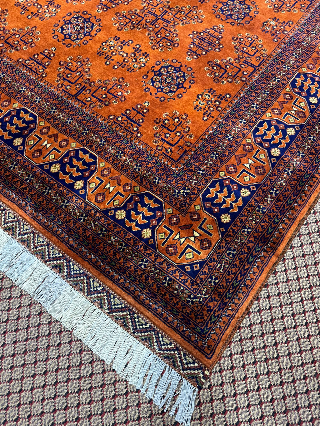 Handmade Afghan Rug — Rust & Navy Gul Medallions