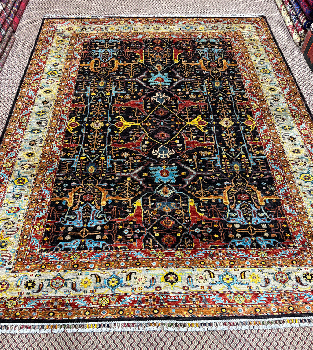 Afghan Bidjar — Charcoal Field with Ivory Palmette Border