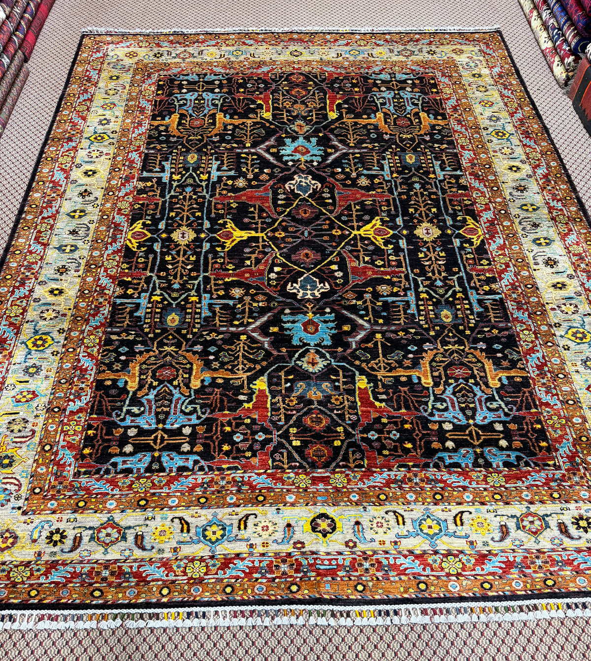 Afghan Bidjar — Charcoal Field with Ivory Palmette Border