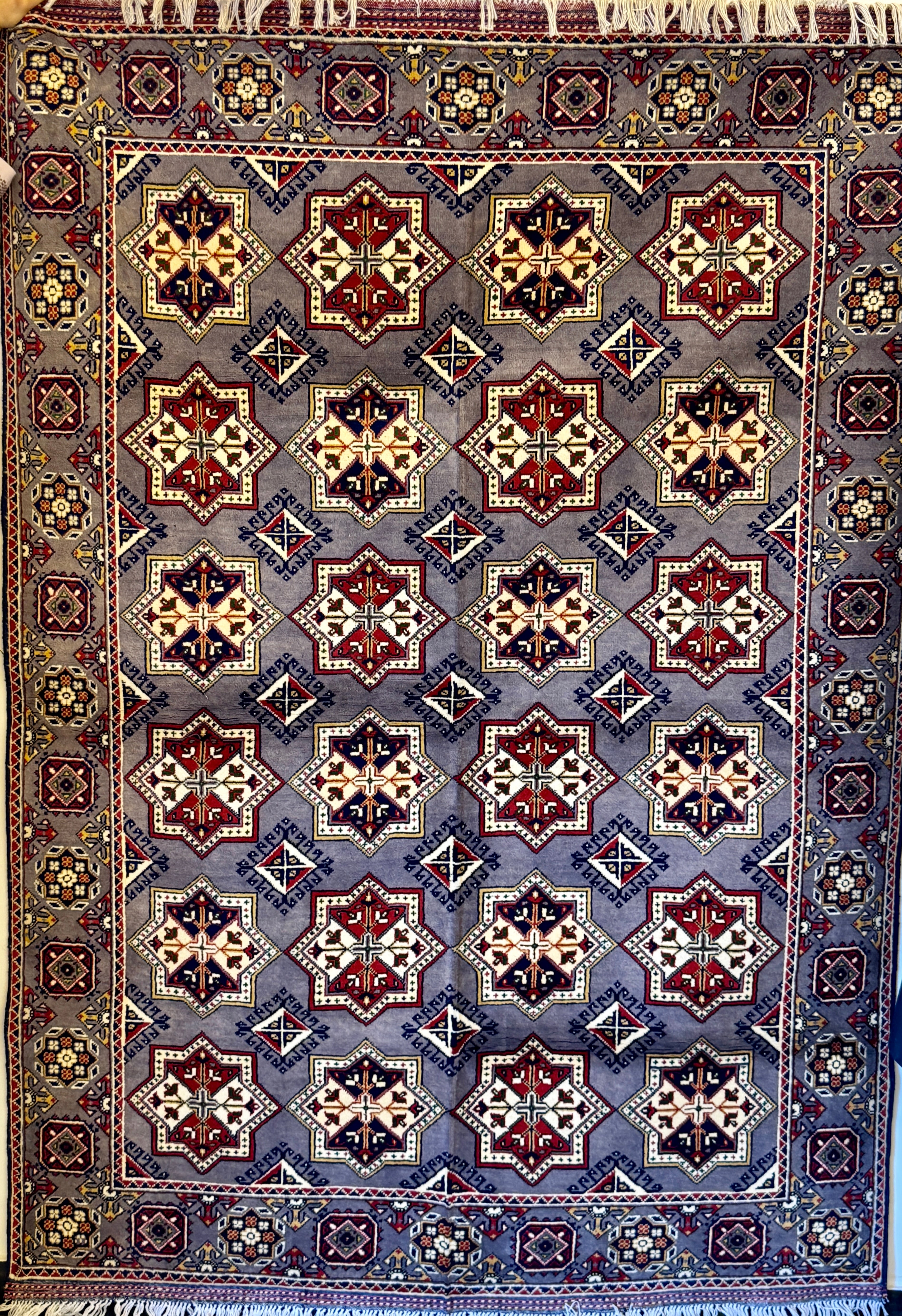 Handmade Bokhara Rug – Gray & Burgundy Star Medallion, Afghan Wool 5x7 (1.5m x 2m)