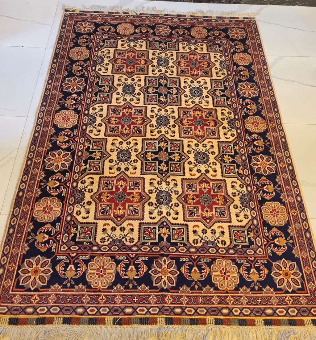 Handmade Turkoman Rug – Gold Rosette Medallion, Afghan Wool 5x7 (1.5m x 2m)