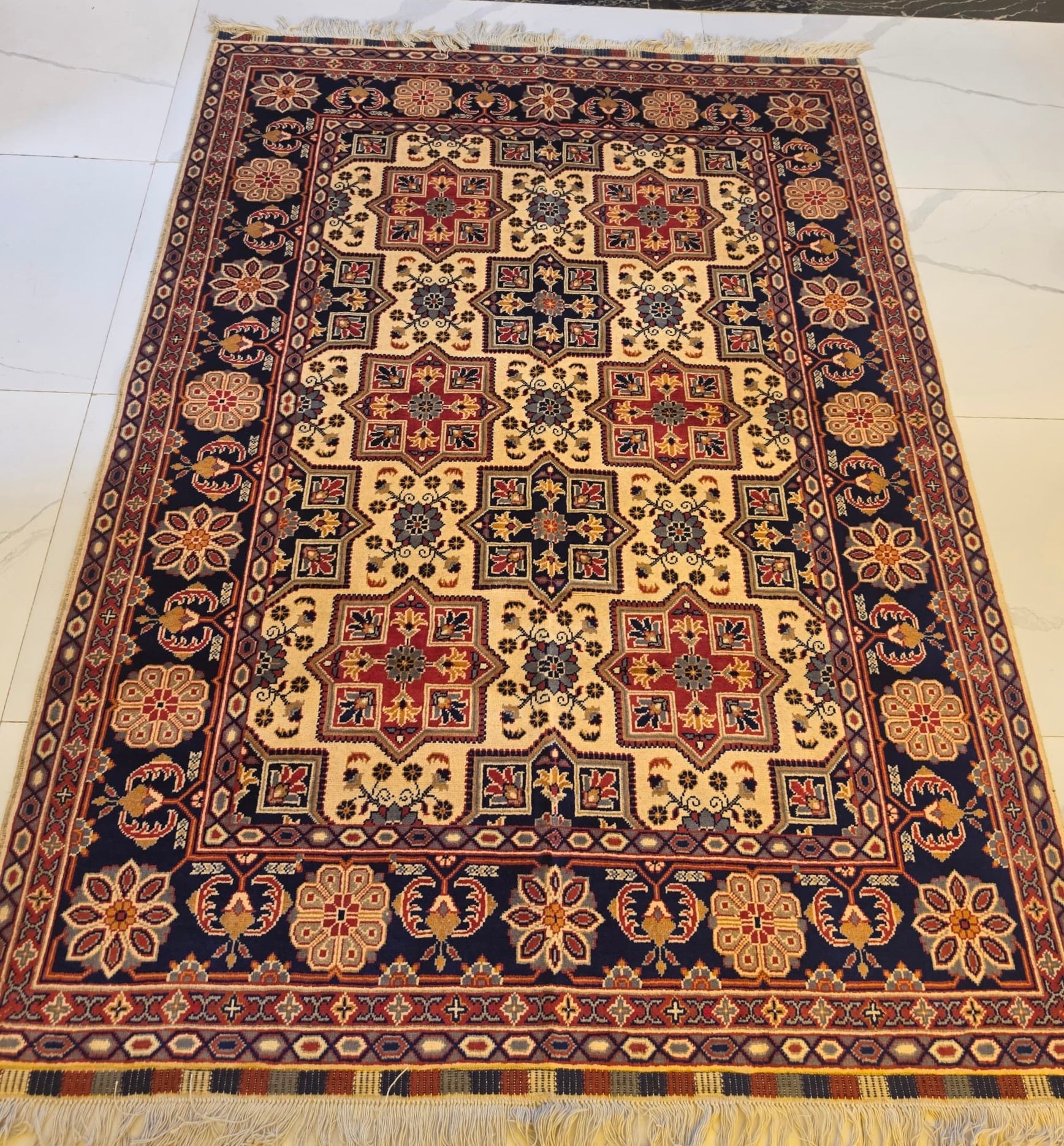Handmade Turkoman Rug – Gold Rosette Medallion, Afghan Wool 5x7 (1.5m x 2m)