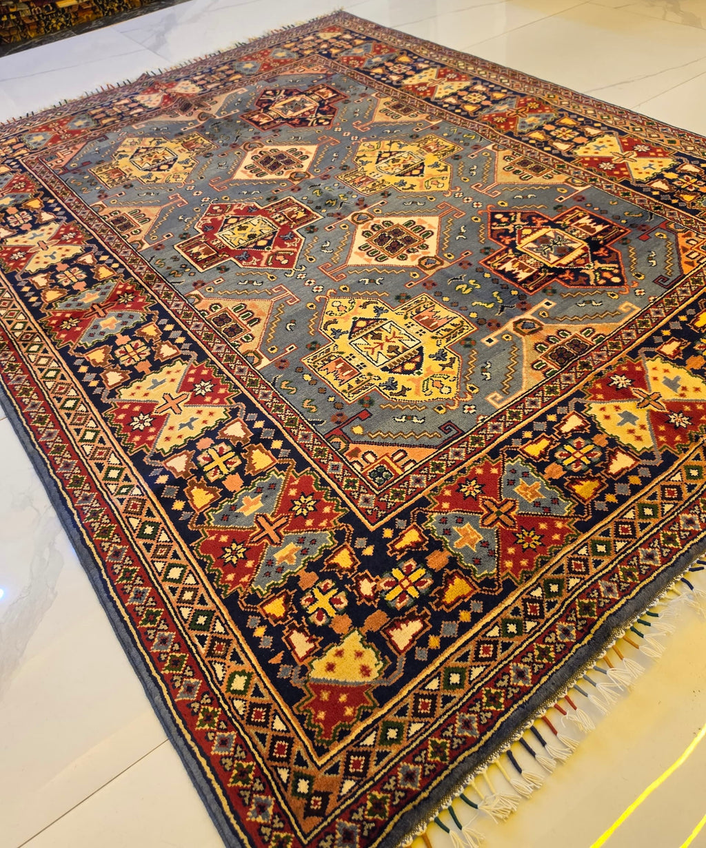 Handmade Shirvan Rug – Steel Blue & Gold Cross Medallion, Afghan Wool 5x7 (1.5m x 2m)