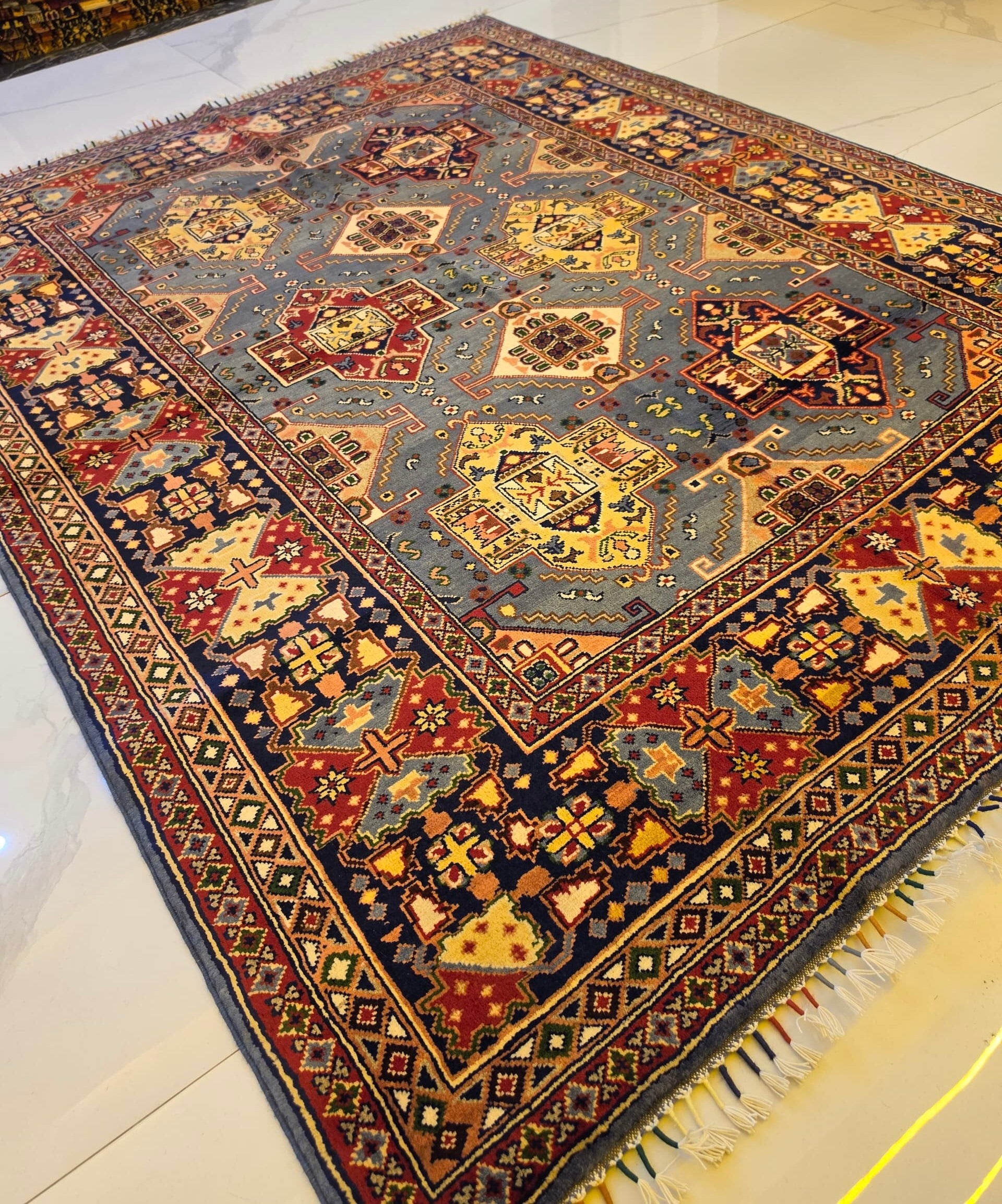 Handmade Shirvan Rug – Steel Blue & Gold Cross Medallion, Afghan Wool 5x7 (1.5m x 2m)