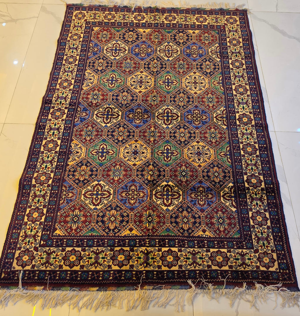 Handmade Beshir Rug – Cream & Maroon Octagon Lattice, Afghan Wool 5x7 (1.5m x 2m)