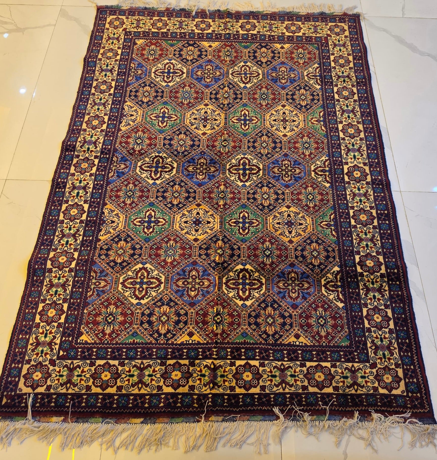 Handmade Beshir Rug – Cream & Maroon Octagon Lattice, Afghan Wool 5x7 (1.5m x 2m)