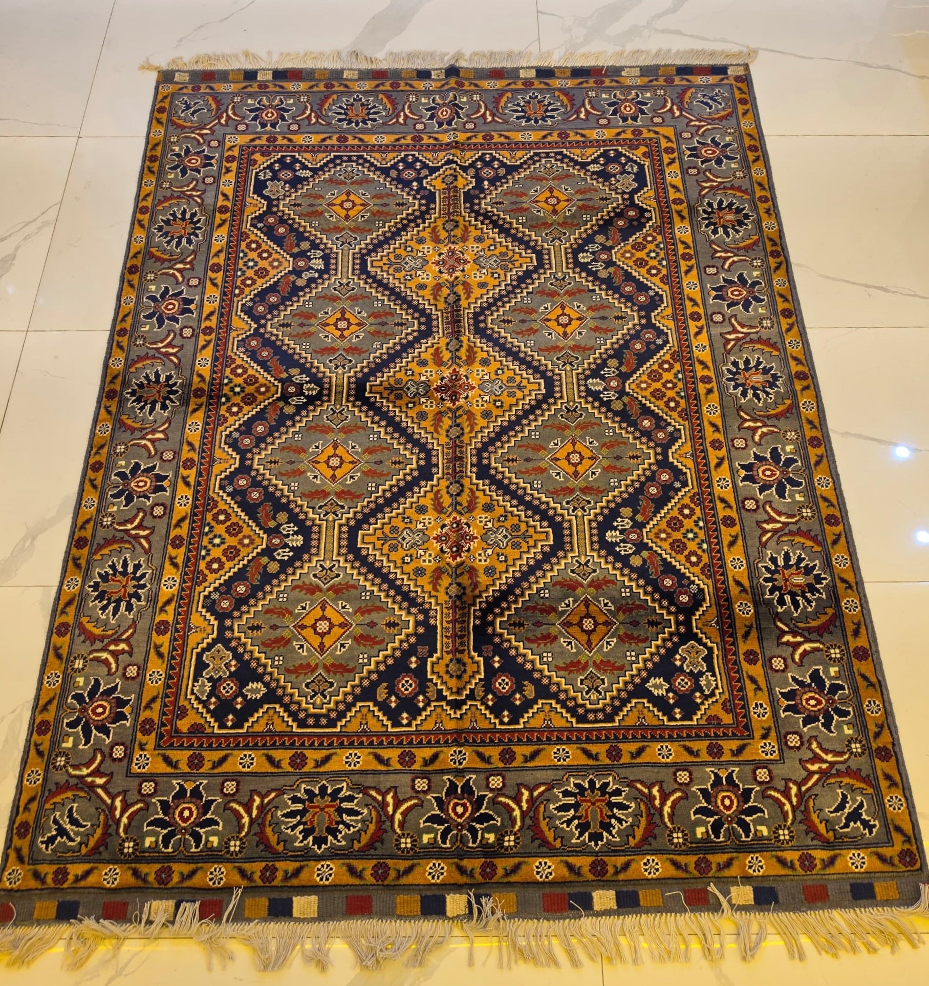 Handmade Kazak Rug – Navy & Gold Medallion, Afghan Wool 5x7 (1.5m x 2m)