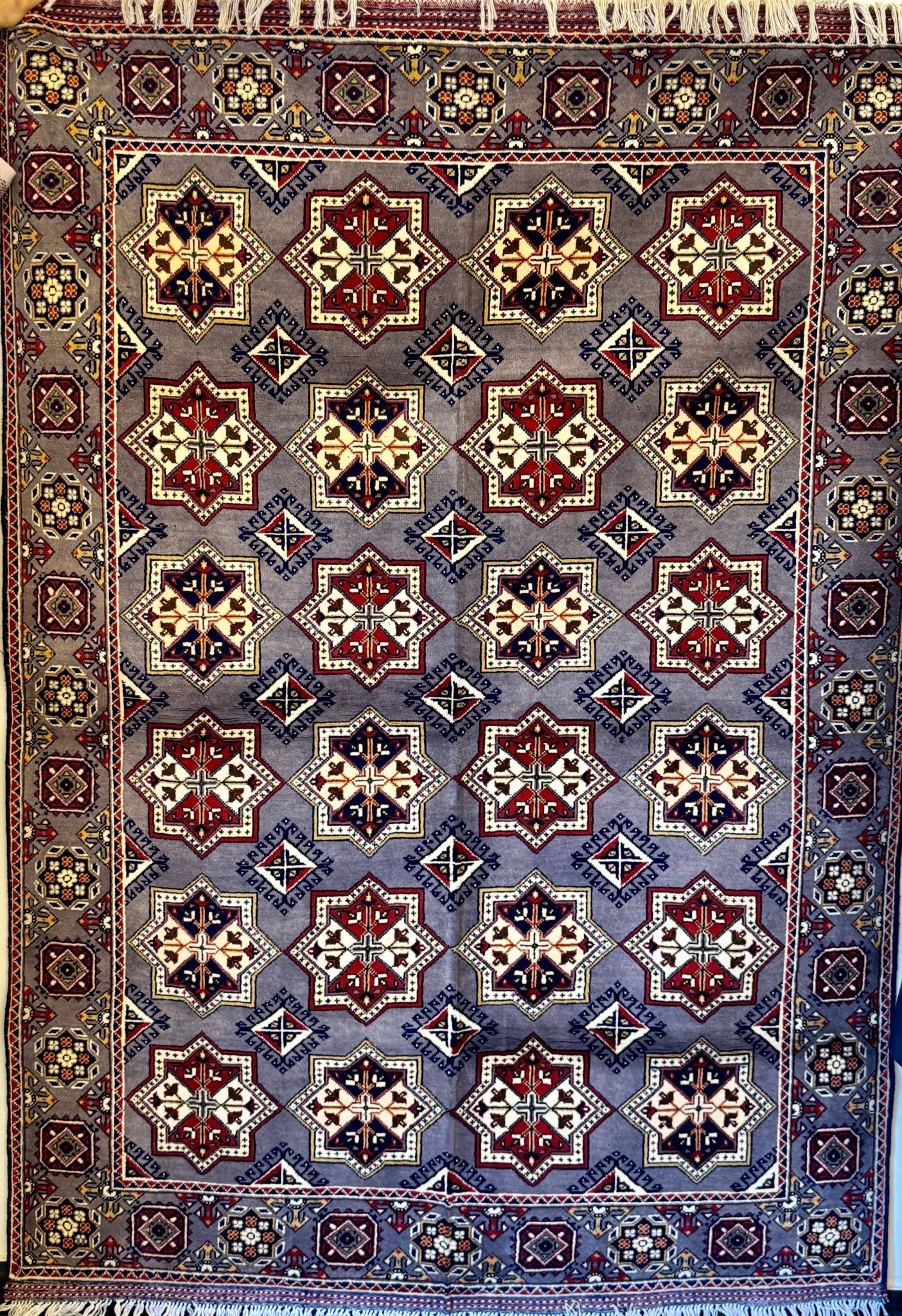 Handmade Bokhara Rug – Gray & Burgundy Star Medallion, - AL Safi Rug House
