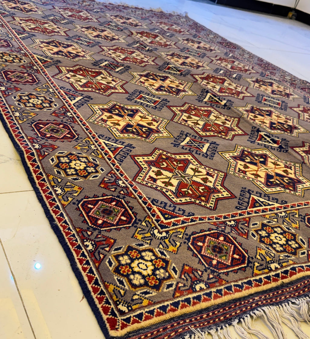Handmade Bokhara Rug – Gray & Burgundy Star Medallion, - AL Safi Rug House