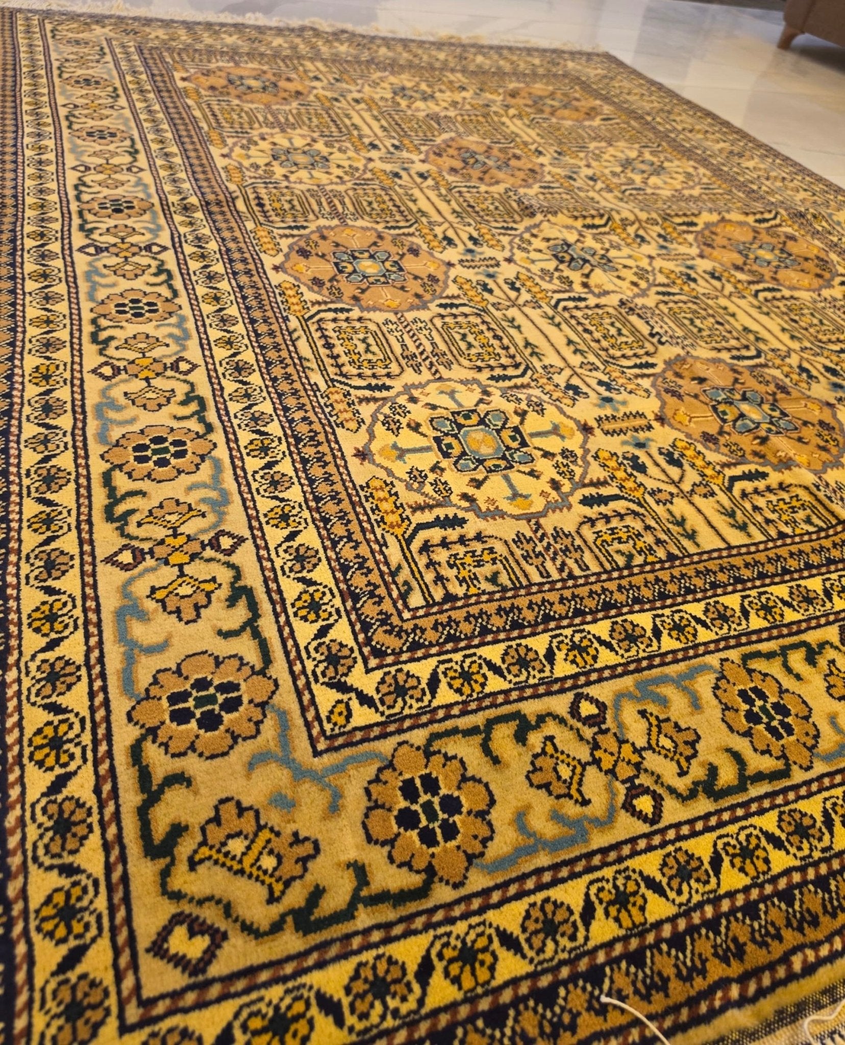 Handmade Ersari Rug – Gold & Navy Gul Medallion, Afghan Wool - AL Safi Rug House
