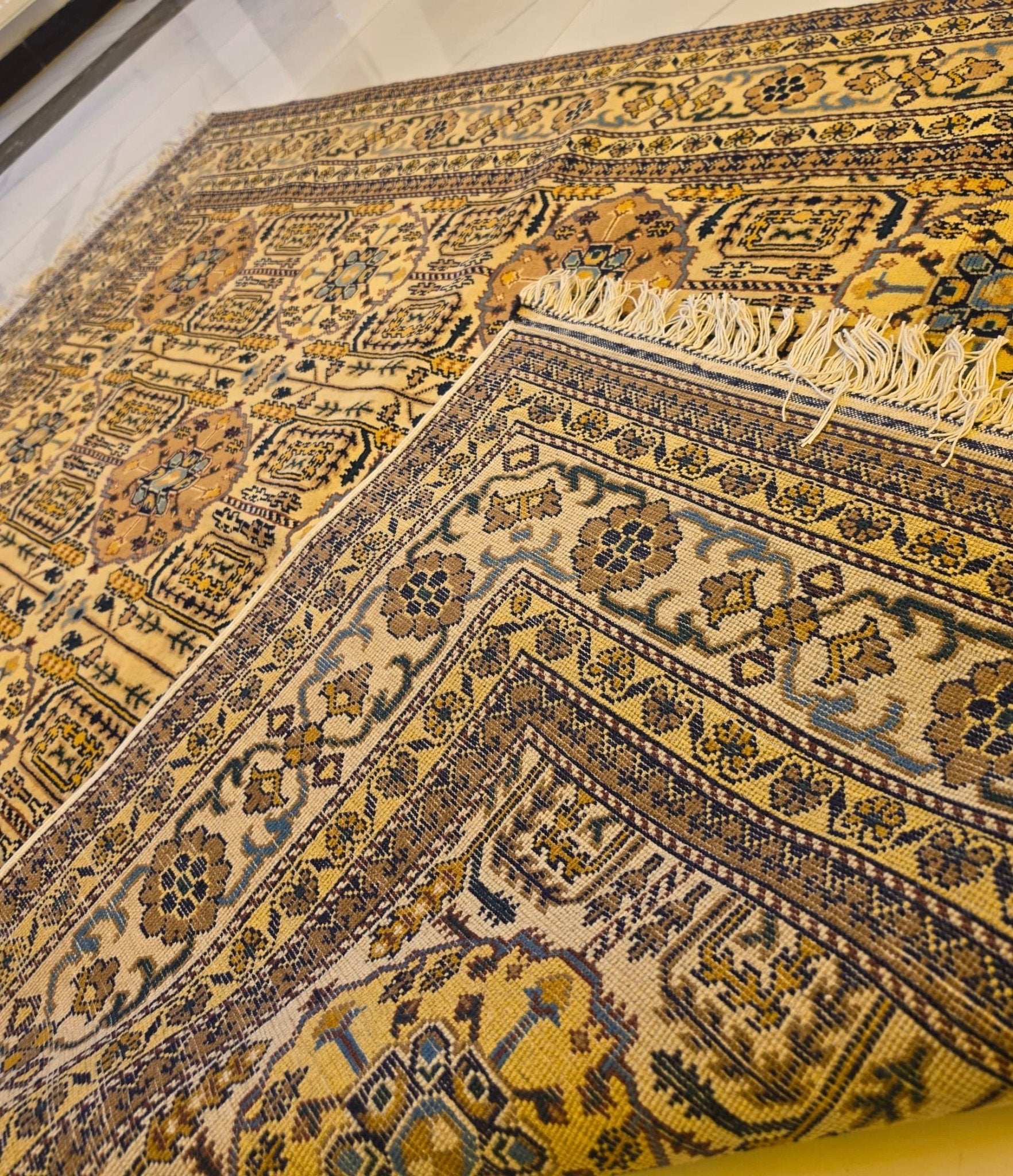 Handmade Ersari Rug – Gold & Navy Gul Medallion, Afghan Wool - AL Safi Rug House