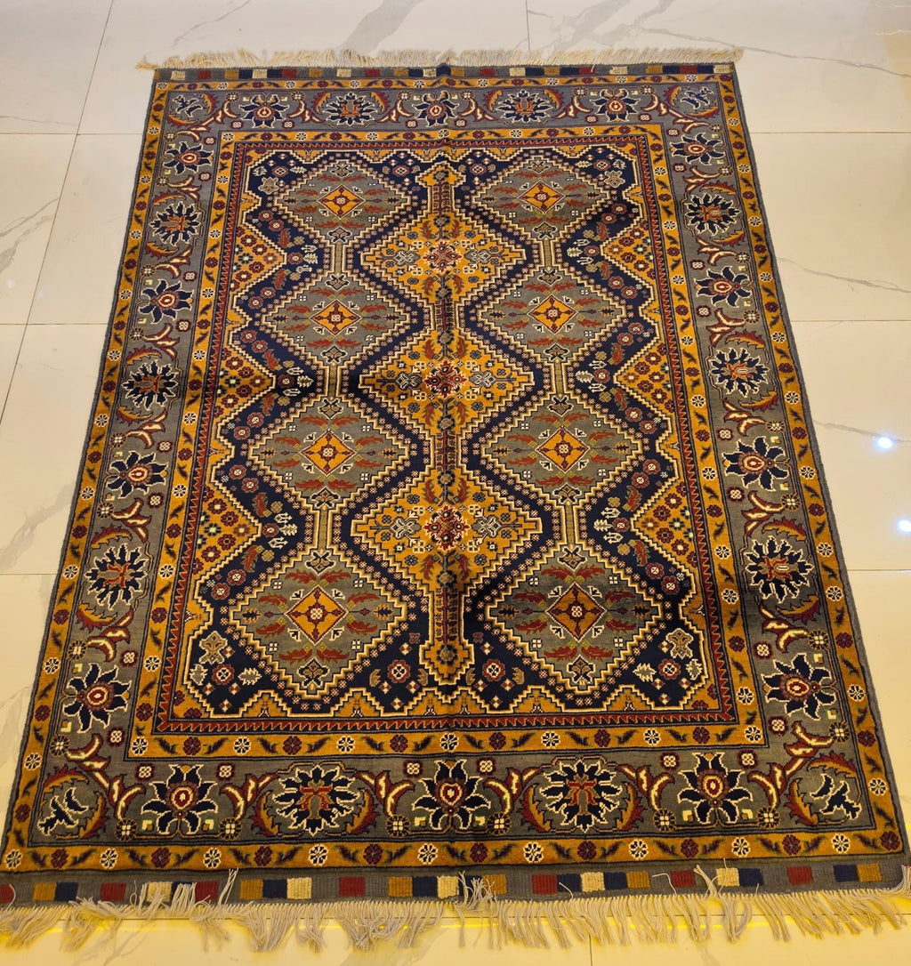 Handmade Kazak Rug – Navy & Gold Medallion, Afghan - AL Safi Rug House