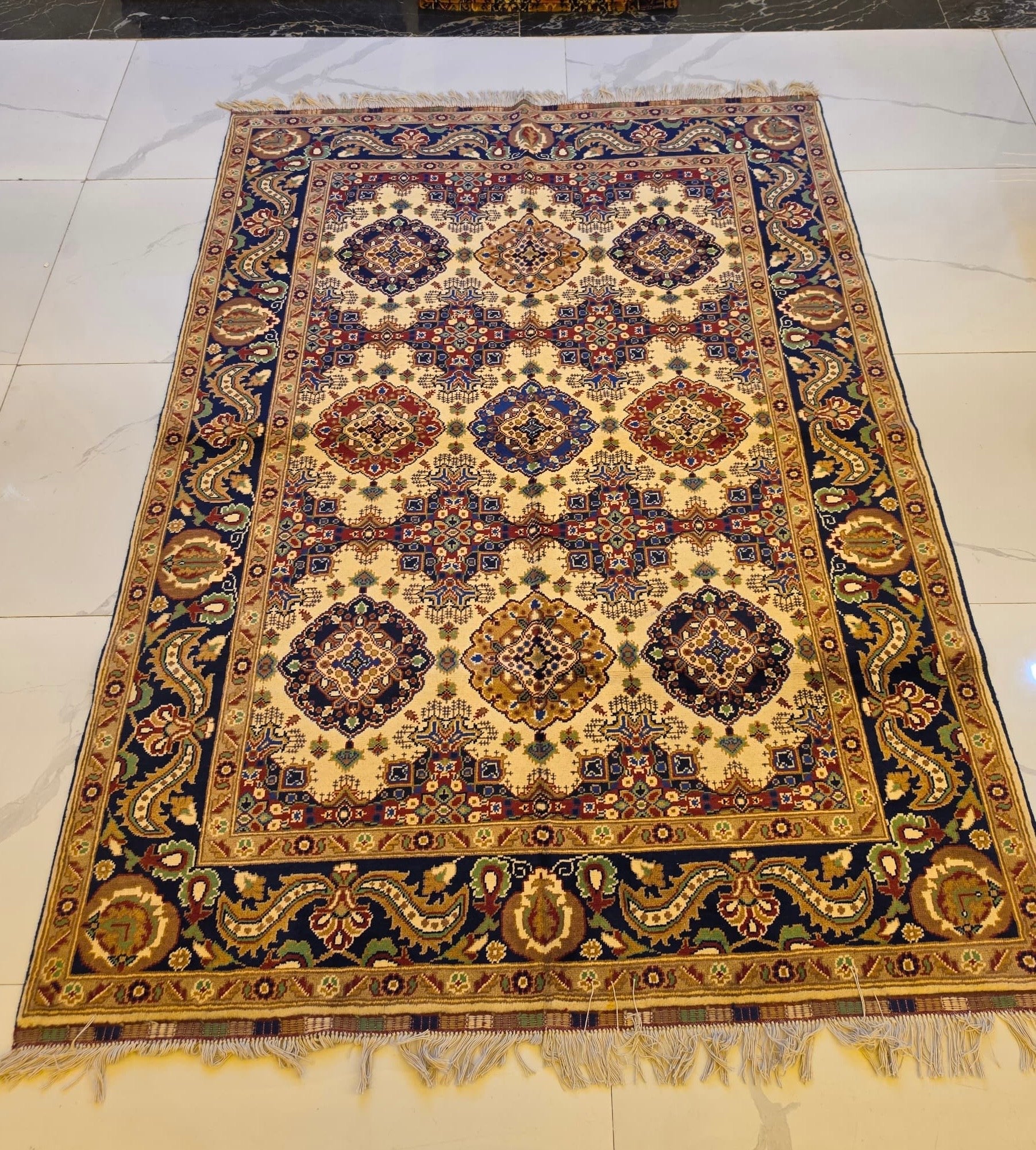 Handmade Kunduz Rug – Ivory & Navy Rosette Medallions, Afghan Wool 5x7 - AL Safi Rug House