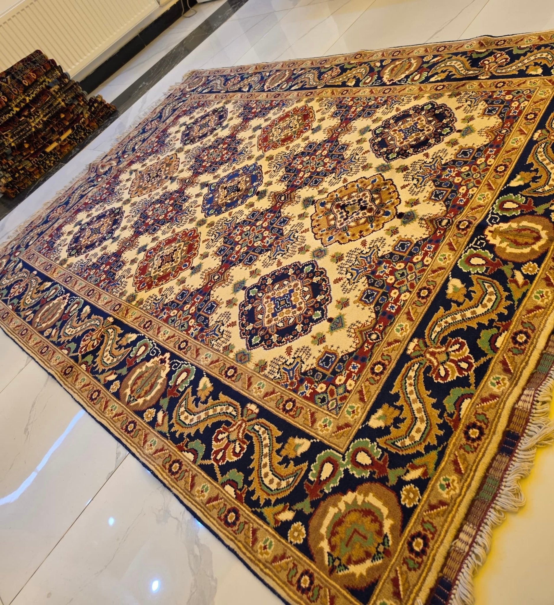 Handmade Kunduz Rug – Ivory & Navy Rosette Medallions, Afghan Wool 5x7 - AL Safi Rug House