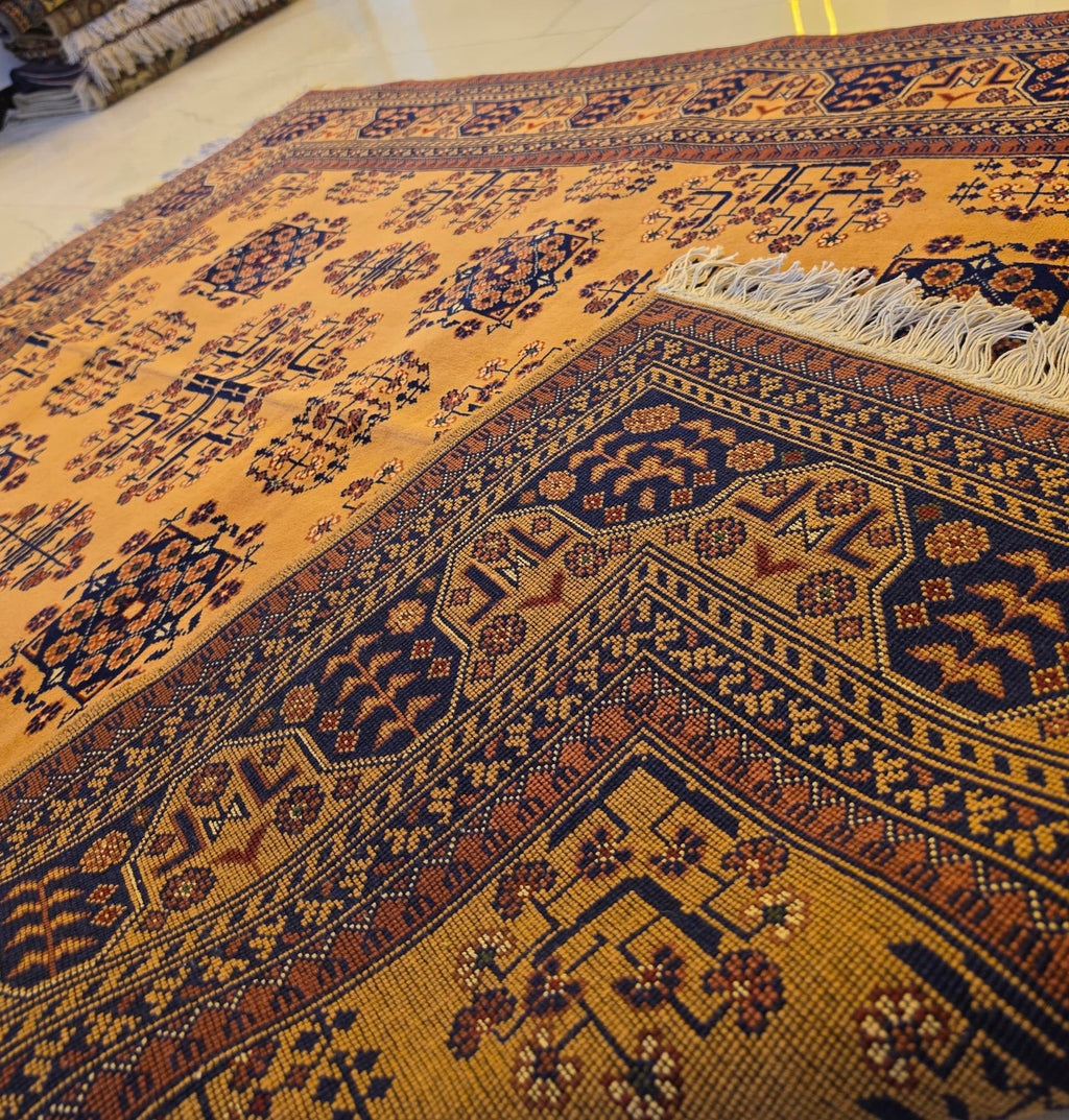 Handmade Maimana Rug Camel Gold & Navy Star Medallions Afghan Wool 5x7 - AL Safi Rug House