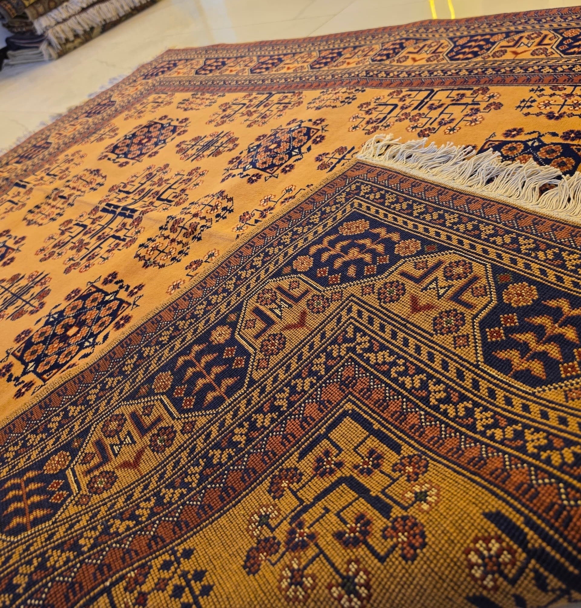 Handmade Maimana Rug Camel Gold & Navy Star Medallions Afghan Wool 5x7 - AL Safi Rug House